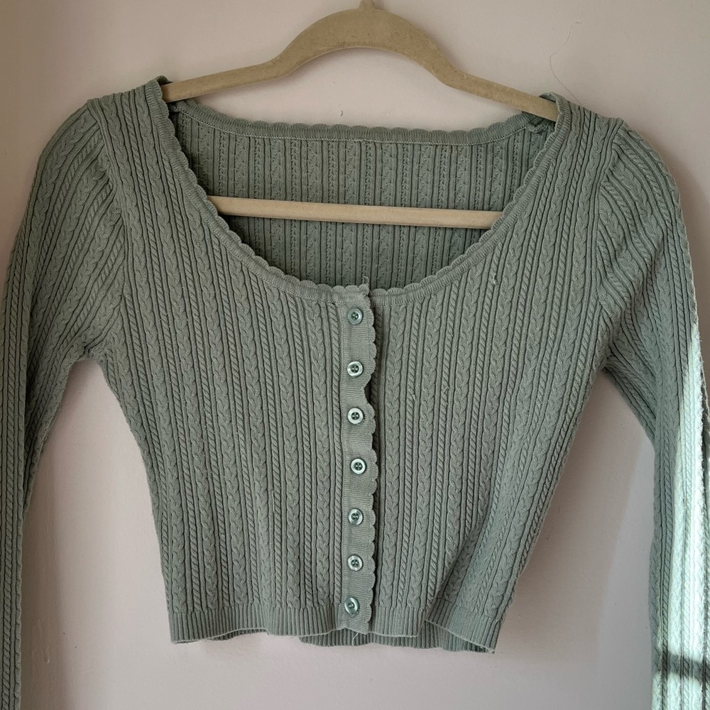 Green Cardigan Button Up Textured Crochet Long Sleeve Top y2k trendy pinterest